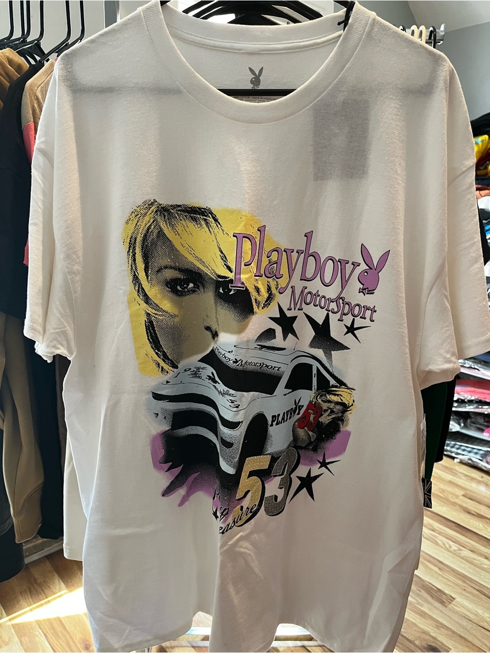 PLAYBOY White Mens Motorsport Graphic Tee with Yellow & Purple Print
